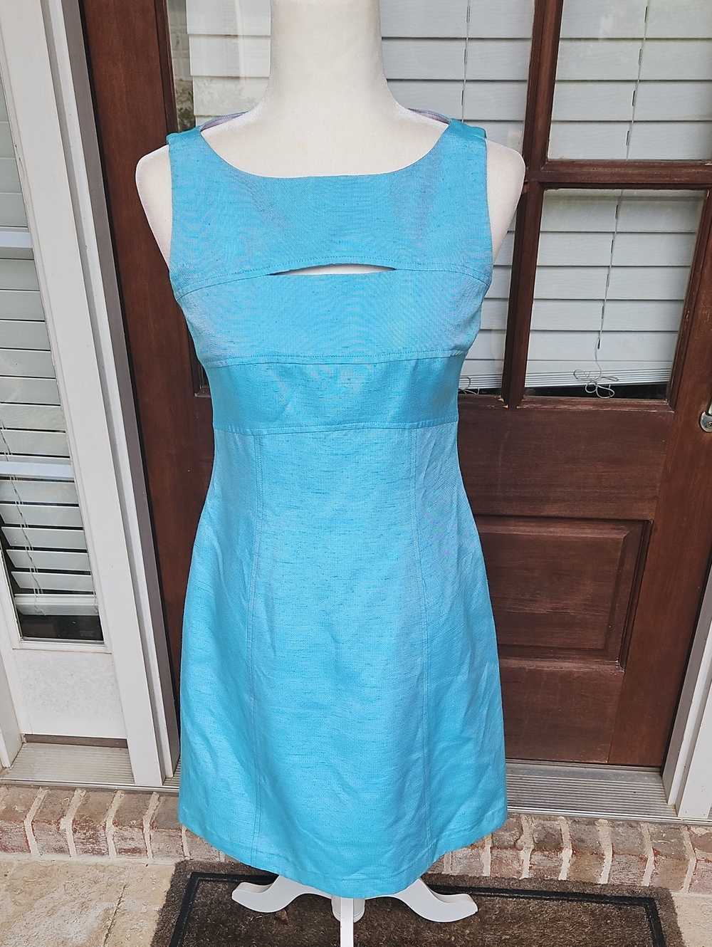 David Meister Vintage Style Aqua Blue Sleeveless A-Line Dress with Front Keyhole